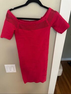 bebe Fitted Off-Shoulder Mini Dress in Hot Pink